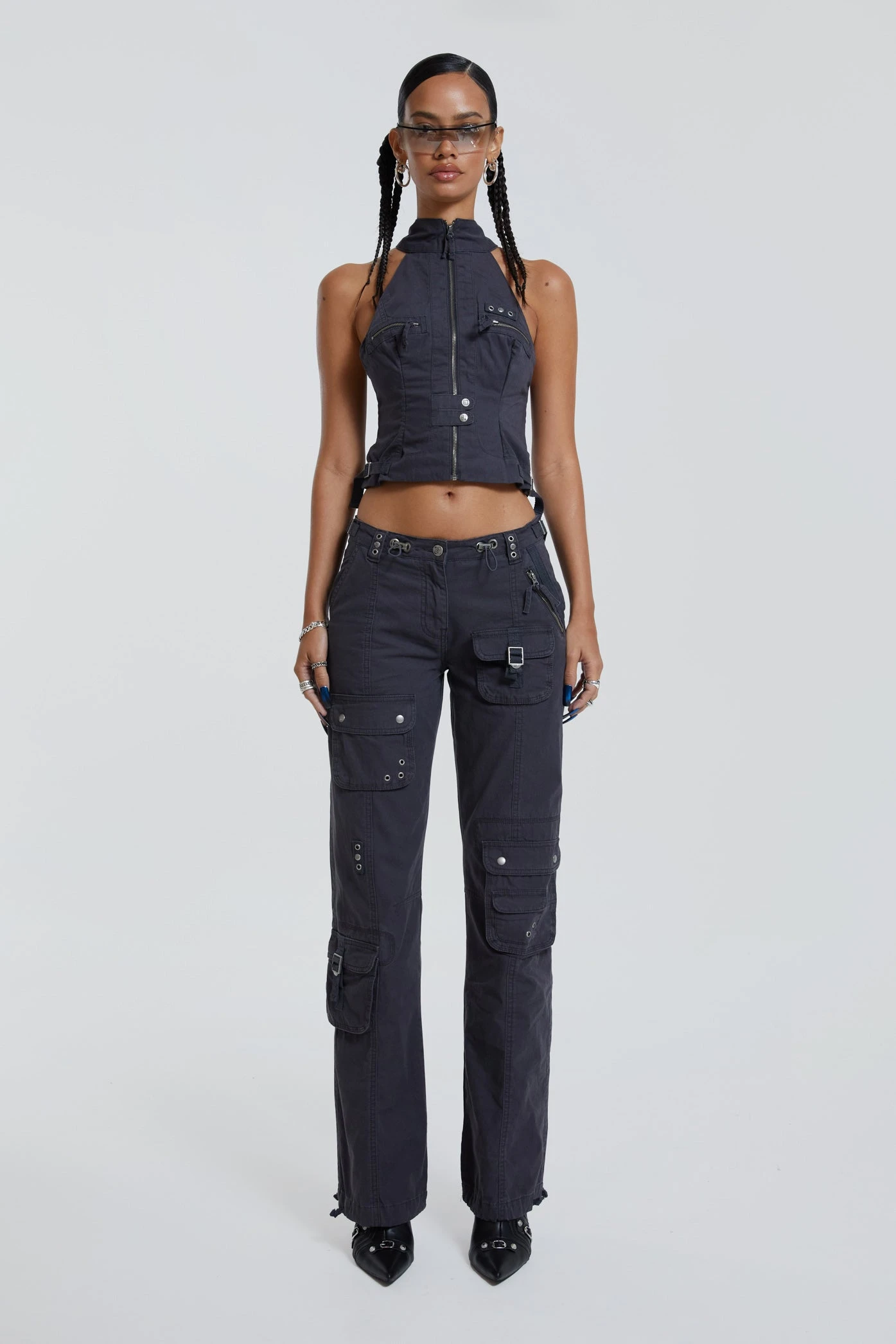 Jaded London Vintage Grey Cargo Halter Neck Top With Pocket Detail