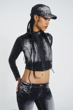 Jaded London 24/7 Ruched Front Denim Jacket -Trendy Wear Outlet Store JADED HOTLINE SWIMECOM0272